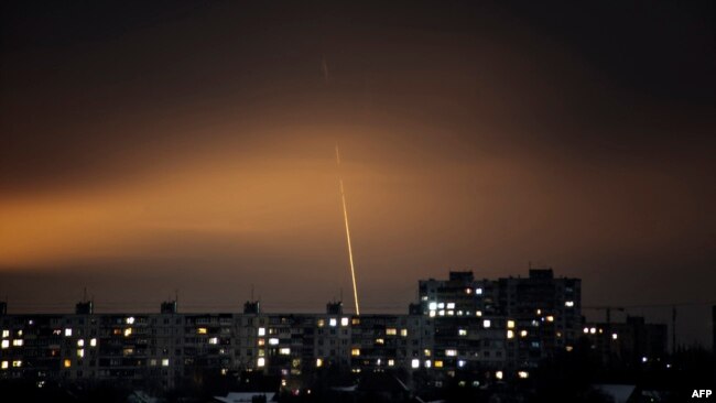 This photograph taken on Jan. 23, 2024 shows a missile launched from Russia's Belgorod region flying towards Kharkiv, eastern Ukraine, amid the Russian invasion of Ukraine.