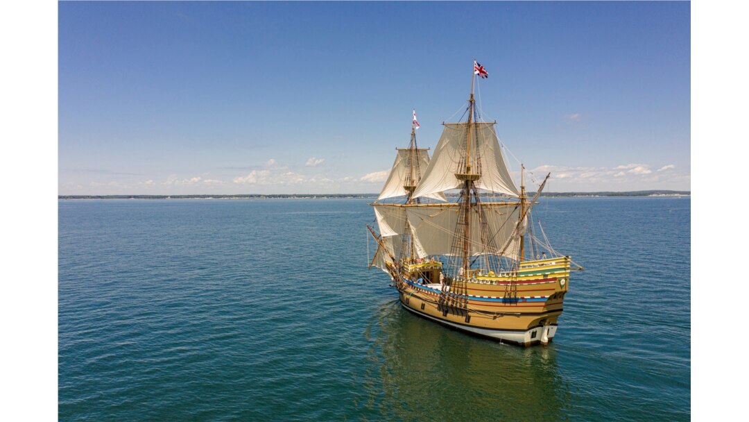 Mayflower II, a full-scale reproduction of the tall ship that brought the Pilgrims to Plymouth in 1620. Massachusetts Office of Travel and Tourism.