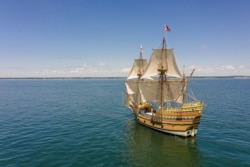 Mayflower II, a full-scale reproduction of the tall ship that brought the Pilgrims to Plymouth in 1620. Massachusetts Office of Travel and Tourism.