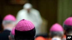 Prelates and Pope Francis attend a morning session of a two-week synod on family issues at the Vatican, Oct. 13, 2014.