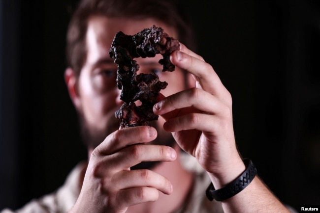 Paleontologist from the Federal University of Santa Maria, Rodrigo Temp Muller, holds a fossil called Gondwanax paraisensis in Sao Joao do Polesine, Rio Grande do Sul state, Brazil, October 8, 2024. (REUTERS/Diego Vara)