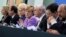German Chancellor Angela Merkel (4th L), France's President Francois Hollande (2nd L), Lithuania's President Dalia Grybauskaite (3rd L), European Commission President Jose Manuel Barroso (2nd R), European Parliament President Martin Schulz (R), European Council President Herman Van Rompuy (3rd R) and German Labor Minister Ursula von der Leyen attend a news conference after an EU conference on Youth Unemployment in Berlin, July 3, 2013.