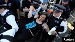A climate change activist is detained during the Extinction Rebellion protest on Waterloo Bridge in London, Britain, April 20, 2019. 