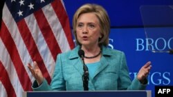 FILE - Former Secretary of State and Democratic presidential candidate Hillary Clinton speaks at the Brookings Institute in Washington, D.C., Sept. 9, 2015.