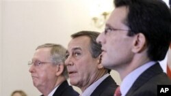 From left, Senate Republican Leader Mitch McConnell of Ky., House Speaker-designate John Boehner of Ohio, and House Majority Leader-elect Eric Cantor of Va., take part in a news conference, on Capitol Hill in Washington, 30 Nov 2010