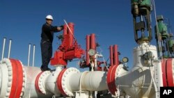 FILE - A worker checks valves on the Yapracik gas pipeline on the outskirts of Ankara, Turkey, Jan. 9, 2009.