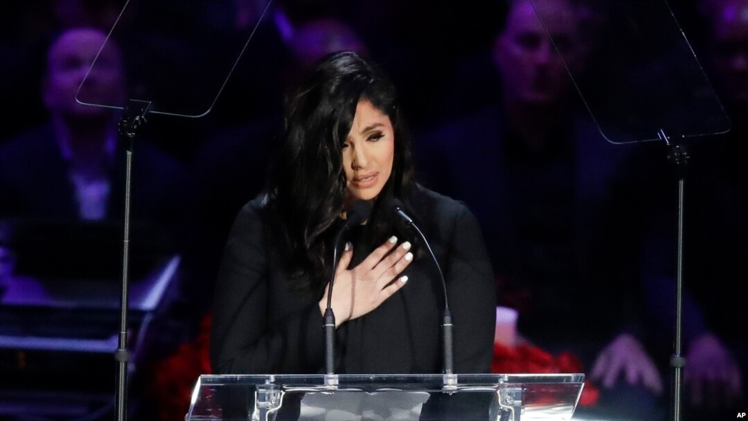 FILE - Vanessa Bryant speaks during a celebration of life for her late husband NBA superstar Kobe Bryant and daughter Gianna killed in a helicopter crash on Jan. 26, 2020, at the Staples Center in Los Angeles, California.