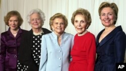 FILE — In this Jan. 17, 2003 photo, former first ladies get together at a gala 20th anniversary fundraising event saluting the Betty Ford Center in Indian Wells, Calif. From left are Rosalynn Carter, Barbara Bush, Betty Ford, Nancy Reagan and Sen. Hillary Rodham Clinton.