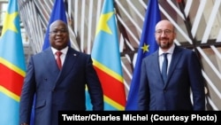 Président Félix Tshisekedi na bokutani na président ya Conseil européen Charls Michel, ministre wa yambo ya kala ya Belgique, na Bruxelles, Belgique, 30 septembre 2020. (Twitter/Charles Michel)