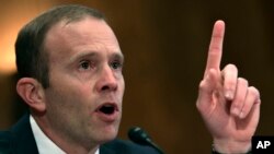 Federal Emergency Management Agency Administrator Brock Long testifies before the Senate Governmental Affairs Committee on Capitol Hill in Washington, Oct. 31, 2017, during a hearing on the federal response to the 2017 hurricane season. 