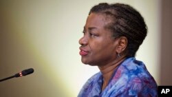FILE - Dr. Natalia Kanem, Executive Director of UNFPA, speaks during a press briefing in Dhaka, Bangladesh, May 24, 2018. 
