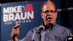 Republican Senate candidate Mike Braun thanks supporters after winning the Republican primary in Whitestown, Ind., May 8, 2018. Braun advances to a November matchup with Democrat Joe Donnelly, who is considered one of the Senate's most vulnerable incumbents.