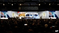 Egyptian President Abdel-Fattah el-Sissi speaks during the final day of a major economic conference that has injected billions of dollars' worth of aid and investment in his country, in Sharm el-Sheikh, Egypt, Sunday, March 15, 2015.