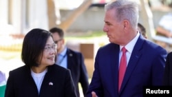 Taiwan's President Tsai Ing-wen meets U.S. Speaker of the House Kevin McCarthy at the Ronald Reagan Presidential Library in Simi Valley, California, April 5, 2023.