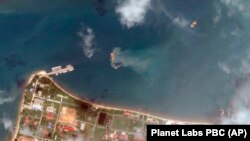 This satellite image from Planet Labs PBC shows a Cambodian naval base in Ream, Cambodia, April 25, 2022. (Planet Labs PBC via AP)