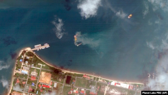 This satellite image from Planet Labs PBC shows a Cambodian naval base in Ream, Cambodia, April 25, 2022. (Planet Labs PBC via AP)