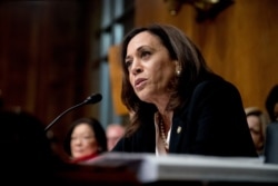 FILE - Sen. Kamala Harris speaks as Attorney General William Barr testifies during a Senate Judiciary Committee hearing on Capitol Hill in Washington, May 1, 2019.