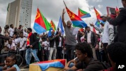 FILE - Eritrean refugees and dissidents, some holding Eritrean flags, demonstrate against human rights abuses allegedly committed by Eritrea's government, outside the headquarters of the African Union in Addis Ababa, Ethiopia, June 23, 2016.