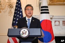 South Korean Foreign Minister Park Jin speaks during a news conference with Secretary of State Antony Blinken at the State Department in Washington, June 13, 2022.