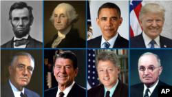 (From top left) Abraham Lincoln, George Washington, Barack Obama, Donald Trump, Franklin Roosevelt, Ronald Reagan, Bill Clinton and Harry Truman.