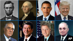 (Da ga sama, hagu zuwa dama) Abraham Lincoln, George Washington, Barack Obama, Donald Trump, Franklin Roosevelt, Ronald Reagan, Bill Clinton and Harry Truman. 