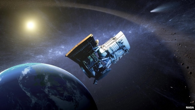 This artist's illustration shows the Wide-field Infrared Survey Explorer, or WISE spacecraft, in its orbit around Earth. The spacecraft was developed to search for asteroids and comets in a project called NEOWISE. (Image Credit: NASA/JPL-Caltech)