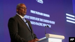 US Defense Secretary Lloyd Austin speaks during a plenary session at the 19th International Institute for Strategic Studies Shangri-la Dialogue, Asia's annual defense and security forum, in Singapore, June 11, 2022.