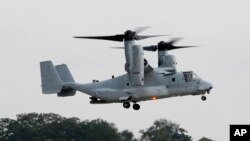 FILE - A MV-22B Osprey tiltrotor aircraft flies at Marine Corps Air Facility at Marine Corps Base in Quantico, Virginina, on on Aug. 3, 2012. Officials say five Marines were killed Wednesday in an MV-22B Osprey crash in the Southern California desert on June 8, 2022.