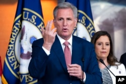 House Minority Leader Kevin McCarthy, of California, speaks during a news conference on the House January 6 Committee, on Capitol Hill in Washington, June 9, 2022.