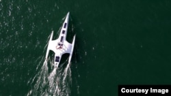 The Mayflower Autonomous Ship is seen in waters in the Atlantic Ocean. The ship successfully completed a transatlantic trip from Britain to North America. (Image Credit: IBM)
