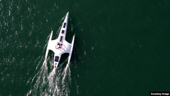 The Mayflower Autonomous Ship is seen in waters in the Atlantic Ocean. The ship successfully completed a transatlantic trip from Britain to North America. (Image Credit: IBM)