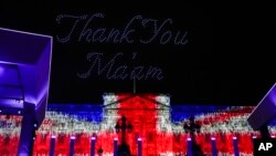 The words 'Thank You Ma'am' are illuminated over Buckingham Palace during the Platinum Jubilee concert, London, June 4, 2022, on the third of four days of celebrations to mark the Platinum Jubilee. 