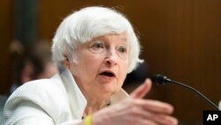 FILE - Department of the Treasury Secretary Janet Yellen testifies during a Senate Finance Committee hearing to examine President Joe Biden's proposed budget request for fiscal year 2023, on Capitol Hill, June 7, 2022, in Washington.