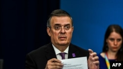 Mexican Foreign Minister Marcelo Ebrad speaks at a U.S.-Mexico-Canada trilateral meeting on the sidelines of the ninth Summit of the Americas in Los Angeles, June 10, 2022.