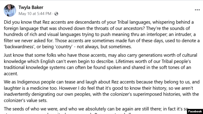 Facebook post by Mandan, Hidatsa, & Arikara Nation citizen Twyla Baker, president of Nueta Hidatsa Sahnish College in North Dakota.