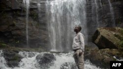 Un ouvrier d'une plantation de café pose pour un portrait à côté des chutes de Murombodzi dans la chaîne de montagnes de Gorongosa à Gorongosa le 20 mai 2022.