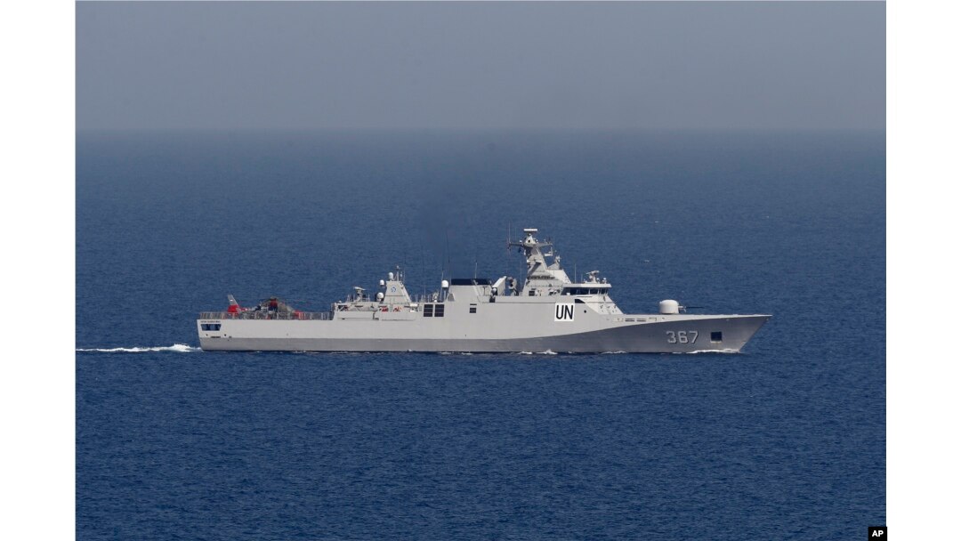 FILE - A UNIFIL Navy ship patrols the Mediterranean Sea, while Lebanon and Israel resume indirect talks over their disputed maritime border, Naqoura, Lebanon, May 4, 2021.