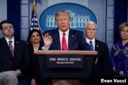 President Donald Trump speaks during press briefing with the Coronavirus Task Force, at the White House, March 18, 2020, in Washington.