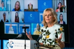 First lady Jill Biden speaks at the 2021 International Women of Courage Award virtual ceremony at the US State Department, March 8, 2021.