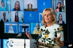 First lady Jill Biden speaks at the 2021 International Women of Courage Award virtual ceremony at the US State Department, March 8, 2021.
