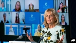 First lady Jill Biden speaks at the 2021 International Women of Courage Award virtual ceremony at the US State Department, March 8, 2021.