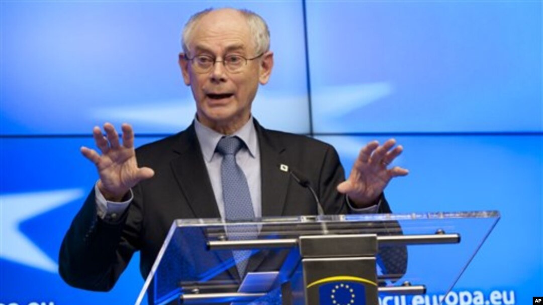 Presiden Dewan Uni Eropa Herman Van Rompuy dalam suatu jumpa pers di Brussels, Jum'at (14/12). 