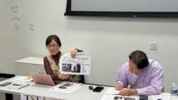 탈북 인권운동가 리소라 씨가 21일 미국 워싱턴 D.C.에서 열린 ‘통일 토크’ 강연에서 재일 한인 북송 사업과 북한 인권 피해에 대해 설명하고 있다.  사진 오른쪽은 행사를 주최한 대북 인권단체 '더 송 파운데이션(The Song Foundation)'의 헨리 송 대표.