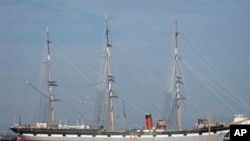 The 1886 sailing ship, The Balclutha, now anchored in California, is the site of monthly sea chantey sing-alongs.