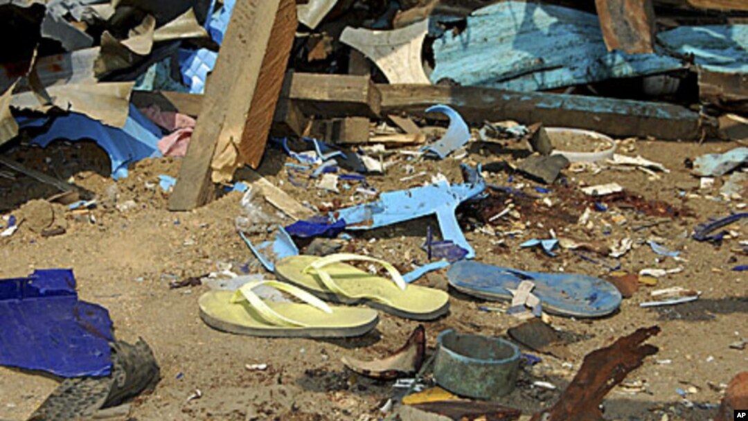 Shattered remnants are seen at the site of a bomb blast at a bar in the Nigerian northeastern city of Maiduguri