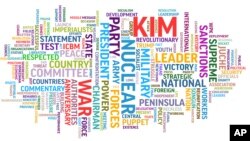 This image made on Dec. 4, 2017, shows a word cloud representing a visual display of terms used by the North Korean government's Korean Central News Agency's English-language service. 