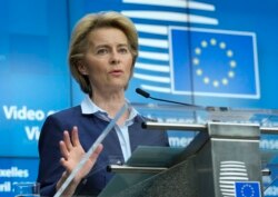 FILE - European Commission President Ursula von der Leyen speaks during a news conference after a videoconference with EU leaders at the European Council building in Brussels, April 23, 2020.