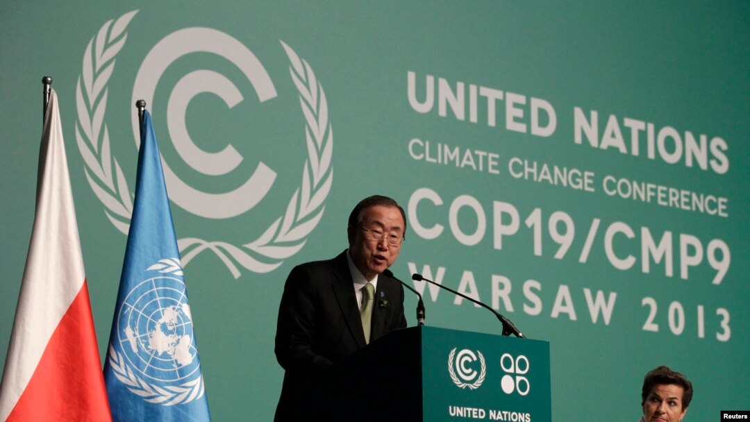 Sekjen PBB Ban Ki-moon membawakan pidatonya dalam Konvensi Perubahan Iklim PBB di Warsawa 19/11/ 2013.