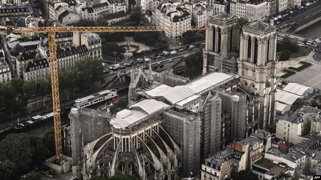 FILE - An aerial picture taken on July 12, 2021 shows a view of the Notre-Dame de Paris Cathedral on the "Ile de la Cite" island in the Seine river in Paris.