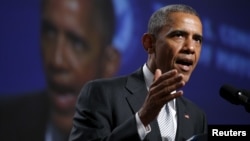 Presiden Barack Obama mengecam kekerasan senjata api dalam pidatonya di San Francisco, 19 Juni 2015. 